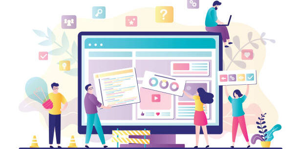 Business team working together on web page design. People building website interface on computer. Web development, teamwork, new internet project. Characters in trendy style. Flat vector illustration